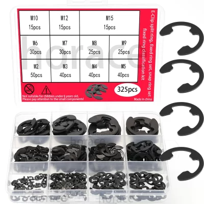 Kit de montagem de anel de retenção tipo 325 unidades/E | Para aplicações de eixo e furo, kit de anel fixo | M2-M15 | Revestimento de óxido preto /tipo E
