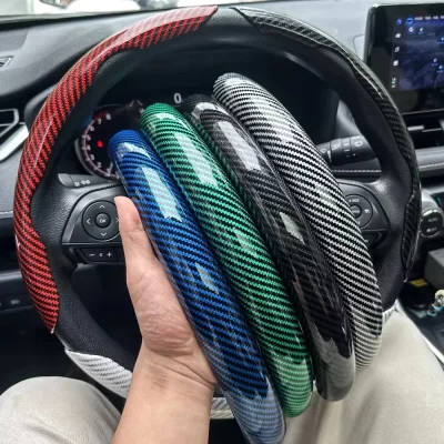 1PCS Laser Carbon Fiber Silicone Car Steering Wheel Cover 1K Micro Fiber Leather PVC Wheel Booster Cover Non-Slip Universal