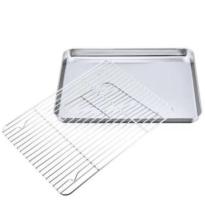 Bandeja de cozimento com rack de resfriamento removível conjunto folha de assadeira de aço inoxidável não tóxico, usado para forno, bandeja para churrasco seguro para máquina de lavar louça