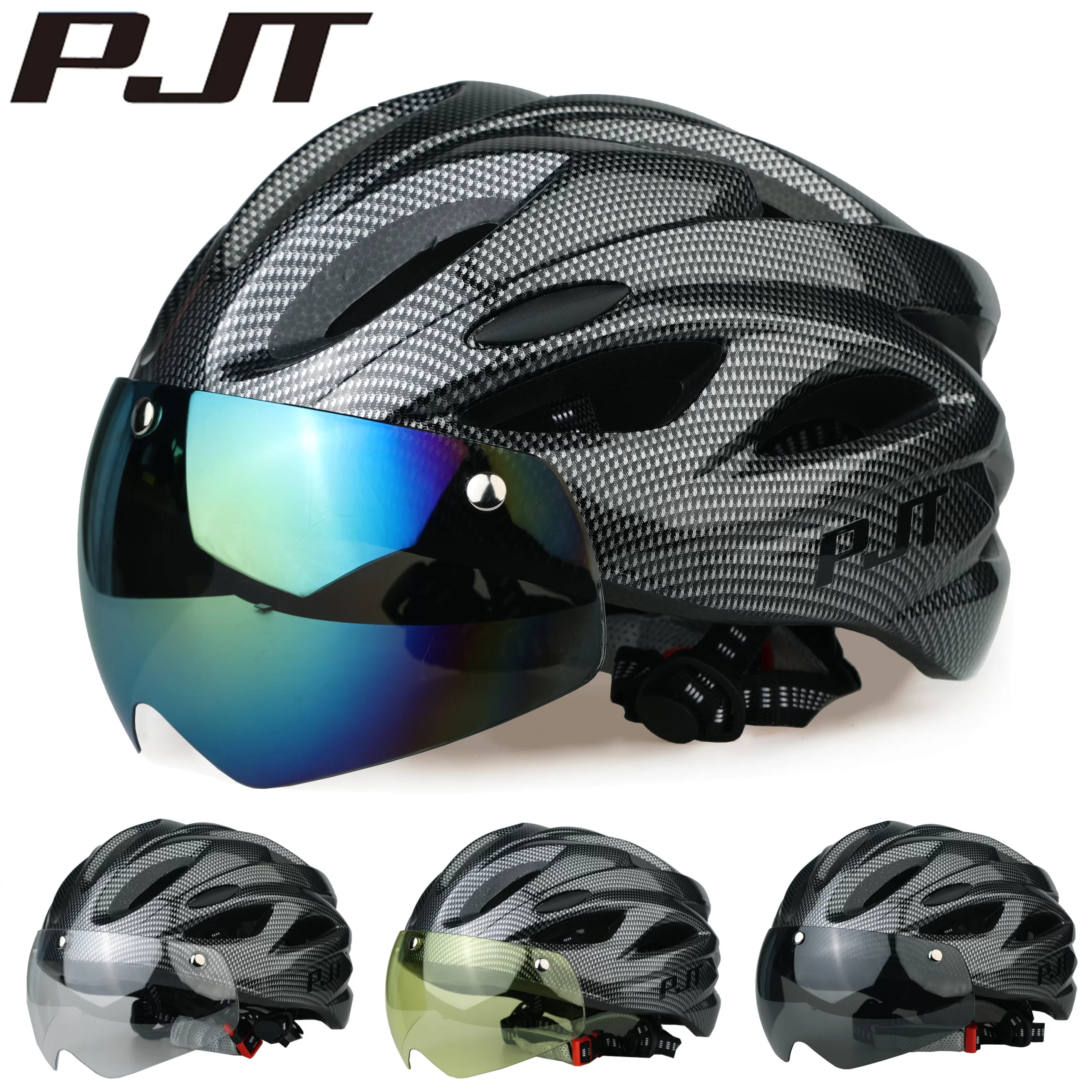 PJT Capacete de bicicleta leve e respirável com óculos de atração magnética Lente Capacete de bicicleta com comutação gratuita Capacete de ciclismo adulto
