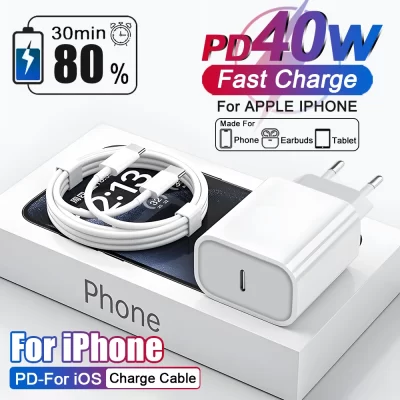 US EU Adaptador PD 40W Carregador Rápido Para Apple iPhone 15 13 12 11 14 17 16 Pro Max Tipo C Carregador Cabo de Carregamento Acessórios Do Telefone
