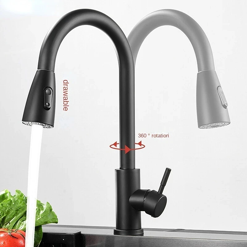 304 torneira da cozinha de aço inoxidável único furo pull out bico pia da cozinha misturadora fluxo pulverizador cabeça rotação 360 torneira - Image 2