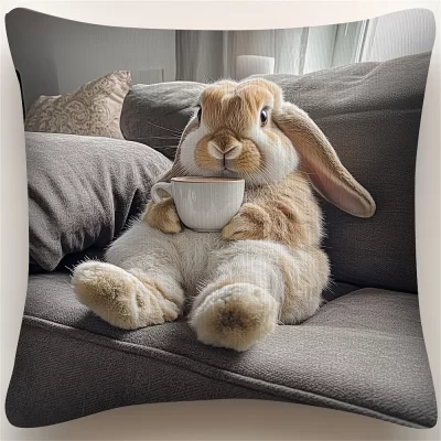 Fronha adorável de coelho com estampa de xícara de café – decoração de casa, perfeita para sala de estar e quarto, presente ideal para amantes de animais