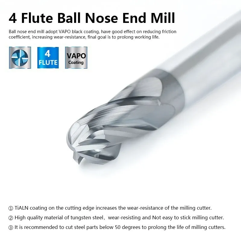 XCAN Milling Cutter 4 Flute Ball Nose Carbide End Mill CNC Milling Tool Spiral Router Bit for Metal Copper Steel R1.0-R8.0 - Image 2