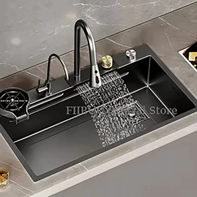 Pia de cozinha cascata de chuva preta de aço inoxidável, pia grande de tigela única, pia subterrânea, torneira de montagem superior, dreno