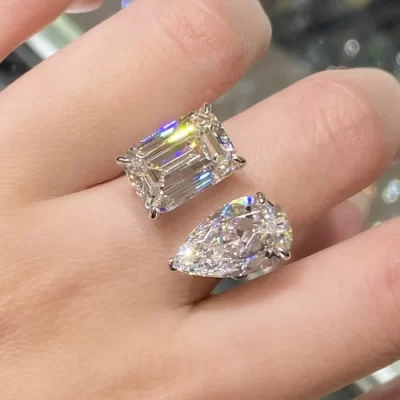 Gota de pêra de pedra dupla 12 quilates moissanite pt950 anel de platina feminino-espumante 12ct, gotas de pêra dupla exclusivas, textura pura pt950