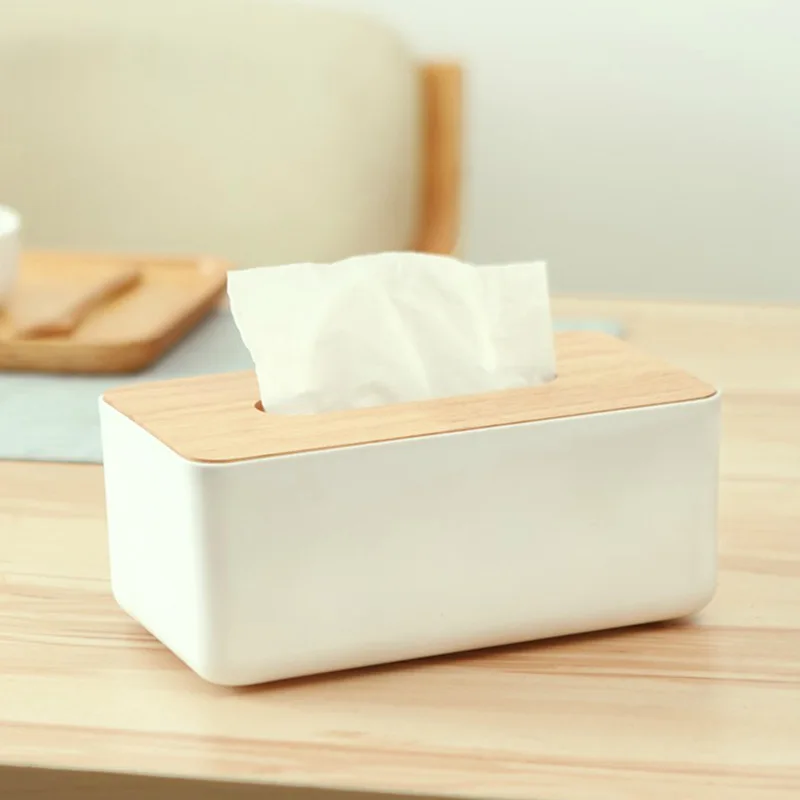 Plastic Tissue Box Wooden Lid Square Napkin Holder Container Wet Tissue Paper Dispenser Case Modern Home Car Organizer - Image 3