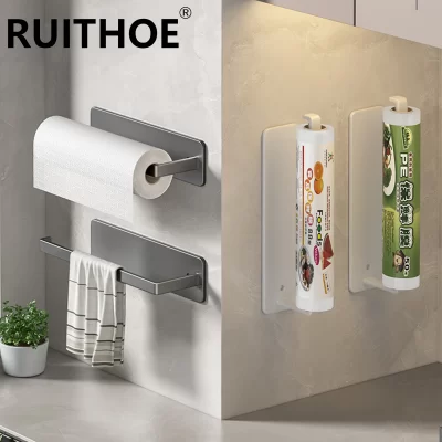 Suporte de toalha de papel autoadesivo, rolo de papel higiênico, sem perfuração, cozinha, banheiro, alongar, rack de armazenamento, cinza, preto e branco