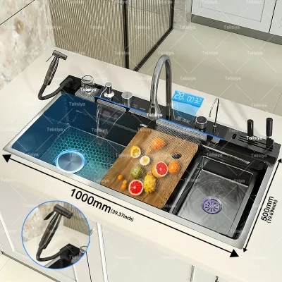 Pia de cozinha cascata de aço inoxidável extra grande em relevo único solt display digital multifuncional pia de lavar louça