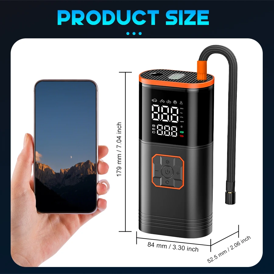 Digital Display Portable Tire Inzzator, USB Rechargeable Air Compressor for Car Bike Motorcycle Tires, Balls, Inflatable Toys - Image 2