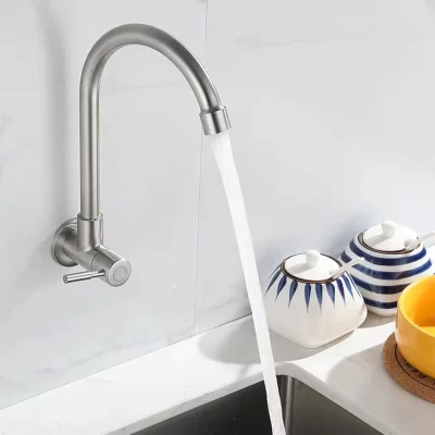 Torneira da cozinha de aço inoxidável montada na parede única torneira de água fria curva inferior torneira da pia da parede qualidade premium