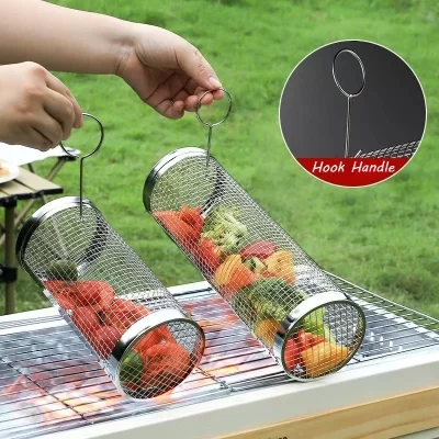Acampamento ao ar livre churrasco barril redondo rolando grill cesta grill gaiola grill rack grill malha