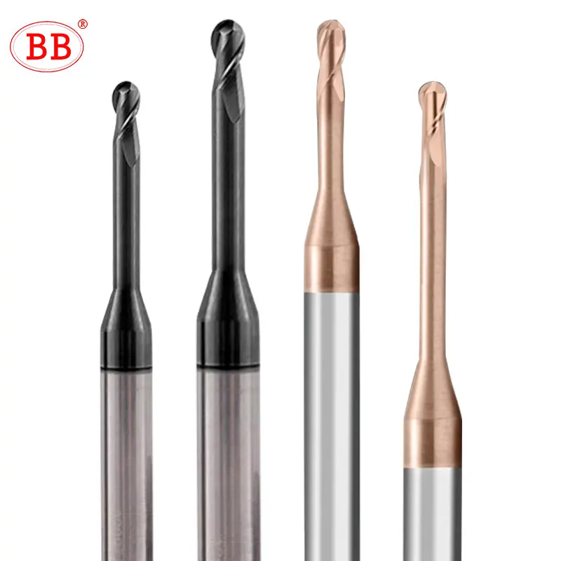 BB Micro Ball End Mill Long Neck Carbide CNC Small Mini Rib Deep Machining Cutter R0.1-R1.5 Tool for Steel Metal