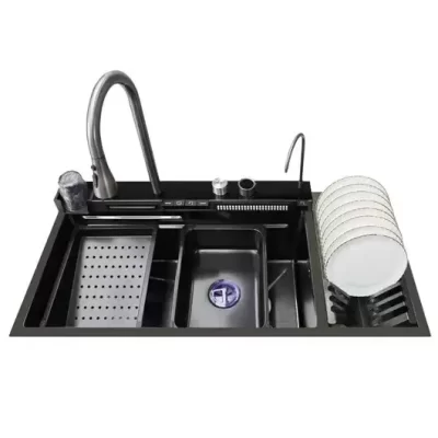 Chave de piano multifuncional de aço inoxidável, 100cm, 304 led, display digital, pia de cozinha, tigela dupla, quatro torneiras, design em cascata