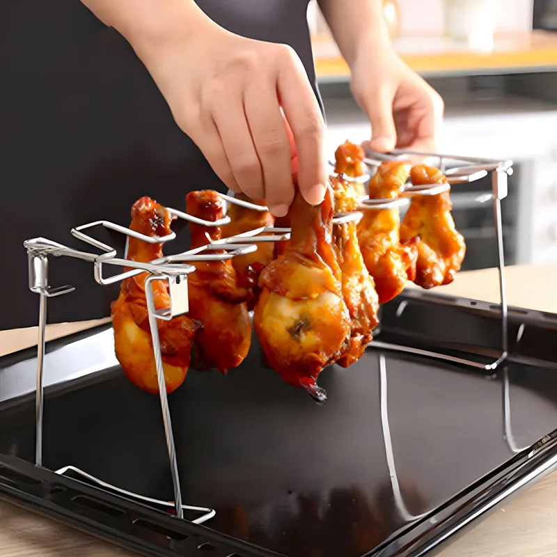 Churrasco carne frango perna asa grill rack 14 slots de aço inoxidável churrasco baquetas titular fumante forno torrador suporte - Image 3