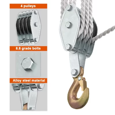 270 ° Polia de corda rotativa, bloco de liga de zinco, gancho, guindaste portátil, polia de corda de polietileno resistente, dispositivo de elevação manual