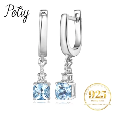 Potiy total 1.73ct almofada natural céu azul topázio balançar brincos de prata esterlina 925 para mulheres pedras preciosas finas jóias diárias