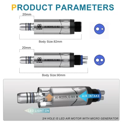 Peça de mão odontológica LED com autogerador AI-M205LG ​ ​ Equipamento portátil de baixa velocidade contra-ângulo tipo E 2/4/6 furos para cadeira dentária