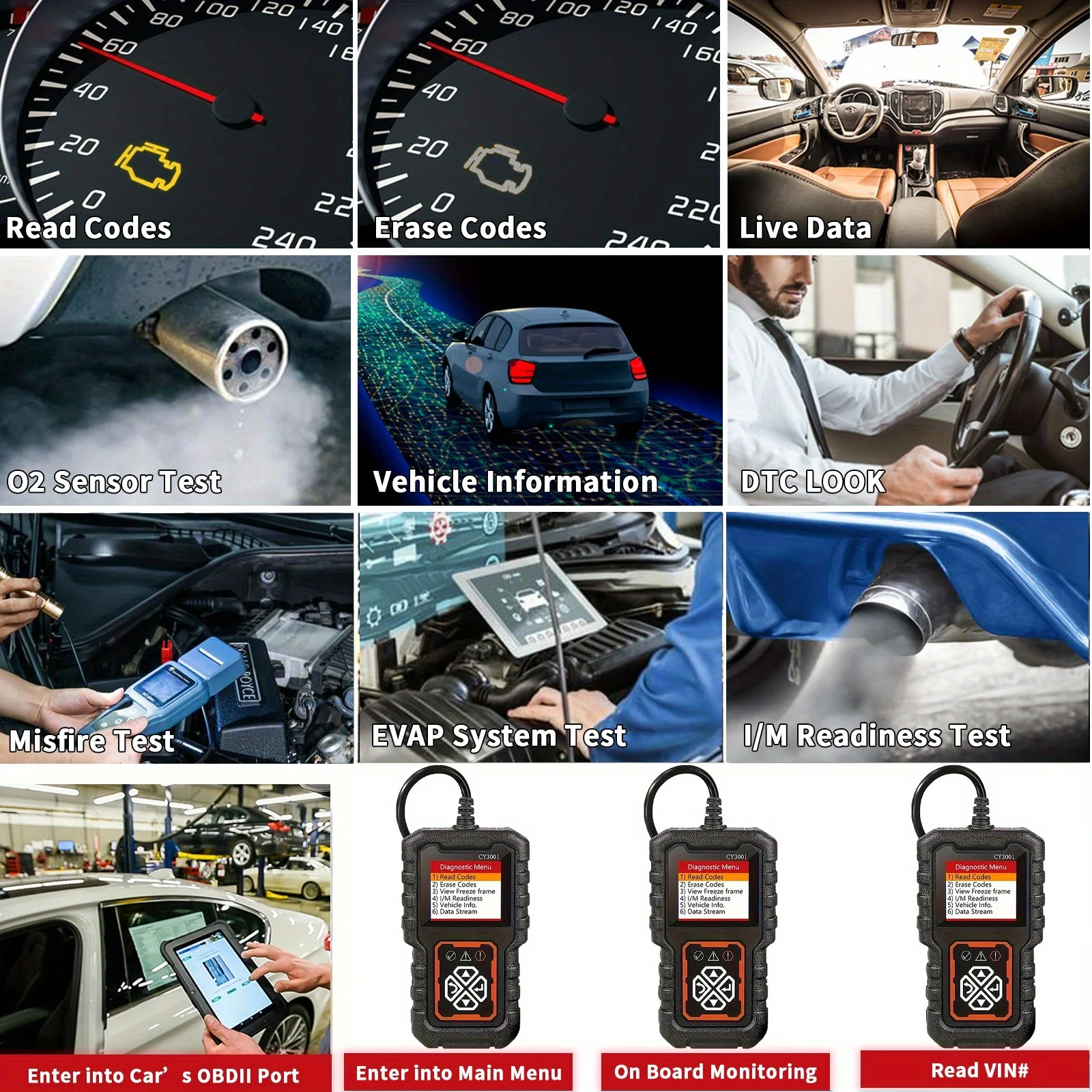Carro obd2 scanner ferramenta de diagnóstico leitor código testador tensão scanner código falha do motor testador detecção falhas automotiva cy3001 - Image 6