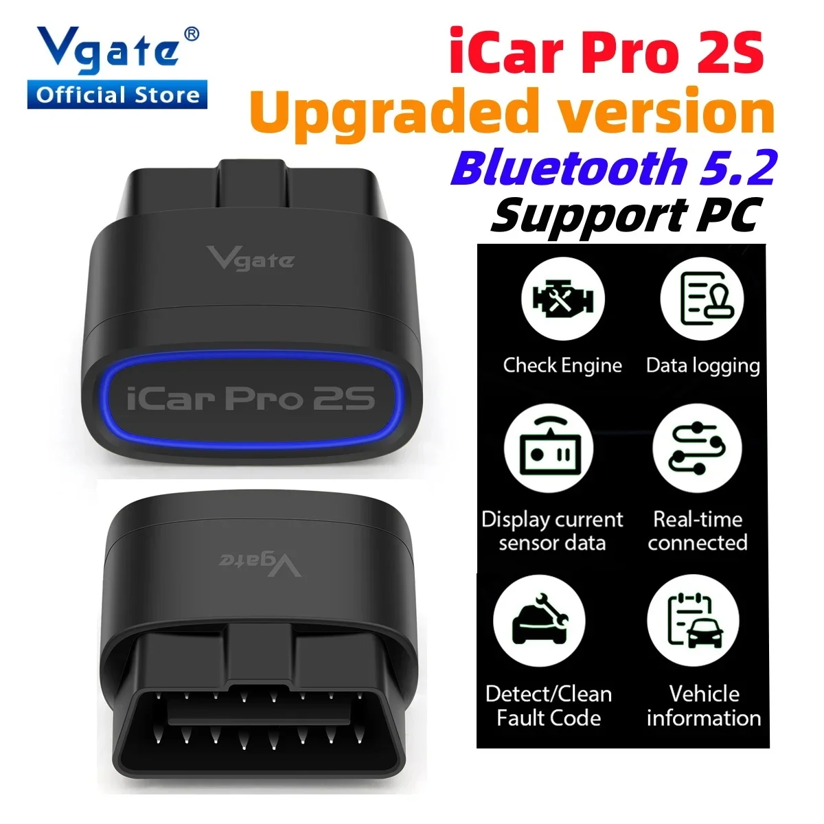 Nova vgate icar pro 2s elm327 bluetooth 5.2 para android/ios/pc obd2 ferramenta de diagnóstico do carro elm 327 atualizado obd 2 v2.3 scanner automático