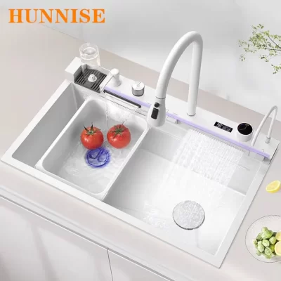Pias de cozinha cascata de chuva voadora com torneira misturadora de pia de cozinha digital quente e fria 304 pia de cozinha de aço inoxidável