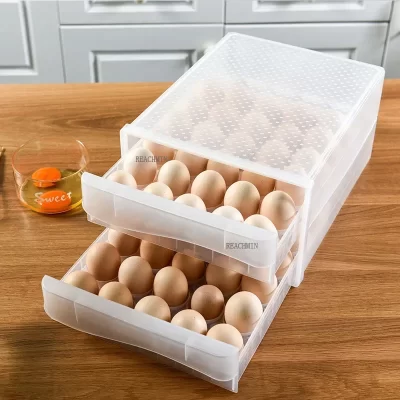 Caixa do ovo da dupla camada para o refrigerador, caixa de armazenamento com 60 lattice, porta-ovos, tipo caixa de armazenamento da cuidado-gaveta para a cozinha