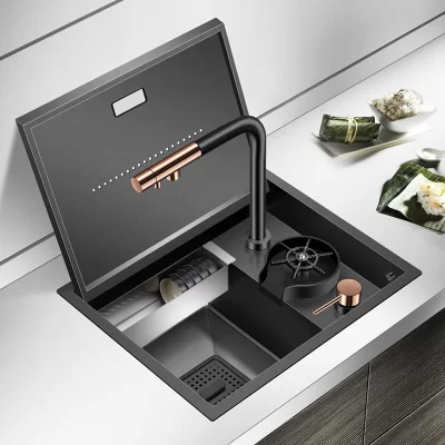 Nanômetro escondido barra ilha pia de cozinha 304 aço inoxidável flip capa escondida artesanal tamanho pequeno pias de cozinha com copo enxaguador