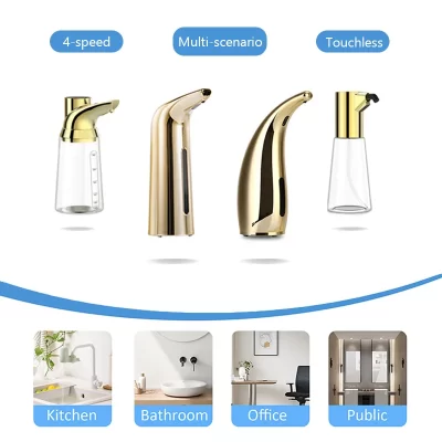 Dispensador de sabão automático dourado para cozinha, banheiro, 4 velocidades, sensor touchless ajustável, desinfetante para as mãos