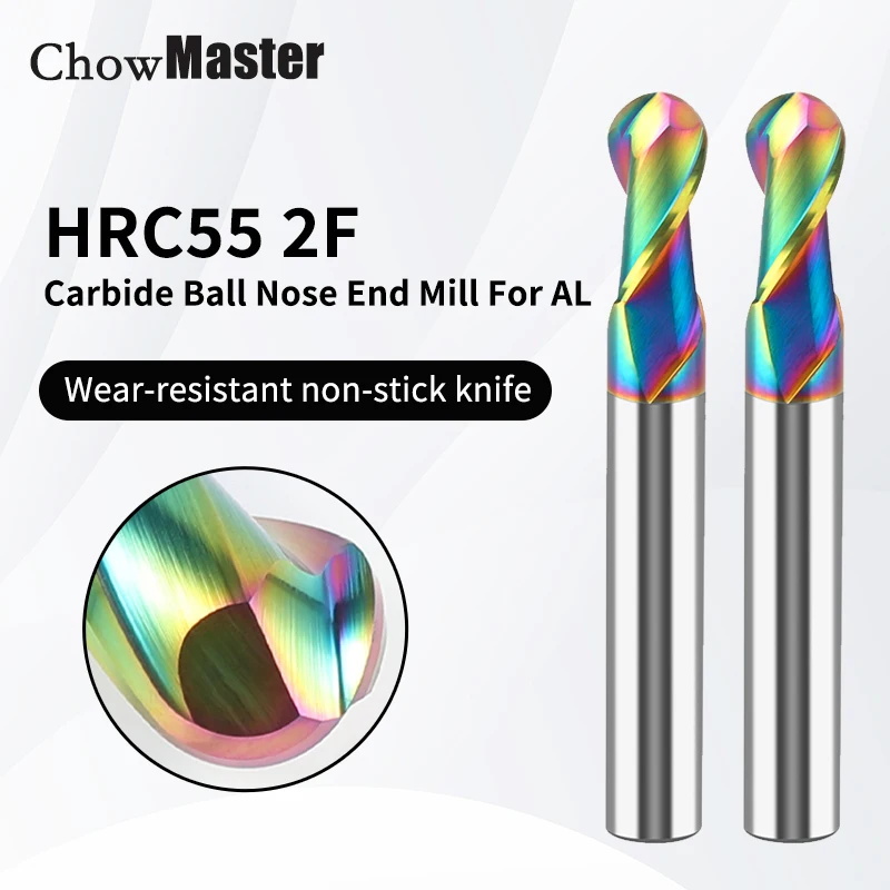 Hrc55 colorido alumínio bola nariz fresa 2 flautas 50 60 75 100 150mm fresa de aço tungstênio cnc máquinas-ferramentas