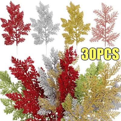5/30 pçs natal glitter ouro prata folhas decoração da árvore de natal pingente plantas artificiais ramos de pinho casa ornamento de ano novo