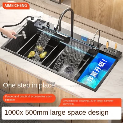 Pia cascata digital fly rain em relevo nano 304 aço inoxidável grande pia única cozinha lavatório preto