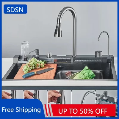 Pia de cozinha digital de aço inoxidável cinza com torneira de pia de cozinha quente e fria com furo único Nano cascata pia de cozinha