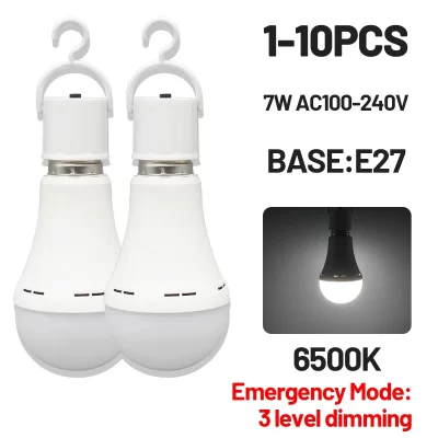Lâmpada led recarregável e27 7w 1500mah lâmpada de emergência 220v 110v para energia doméstica ao ar livre acampamento falha varanda jardim lâmpada