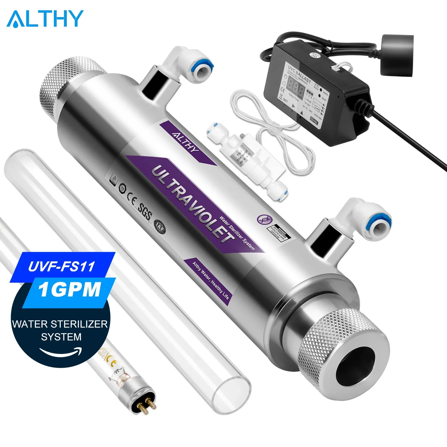 Althy uv ultravioleta esterilizador de água purificador sistema desinfecção filtro lâmpada + interruptor fluxo controle aço inoxidável 1gpm