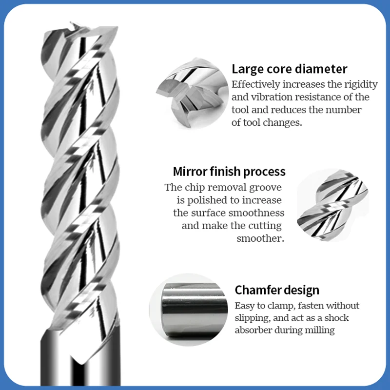 HRC58 3 Flute Carbide End Mill for Aluminum 1mm To 20mm 3F High-gloss Lengthen Tungsten Steel Aluminium Cutter Cnc Milling Tools - Image 3