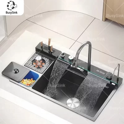 Torneira cascata com display digital inteligente, pia de cozinha com suporte para faca e lata de lixo, lavatório doméstico, grande slot único