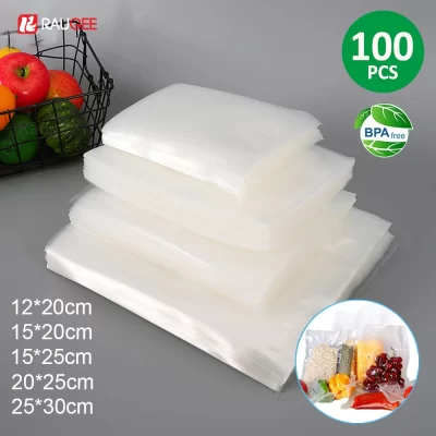 Sacos de Embalagem a Vácuo para Alimentos, Sacos de Armazenamento Embalados, Mantenha os Alimentos Frescos, 5 Tamanho, 100Pcs