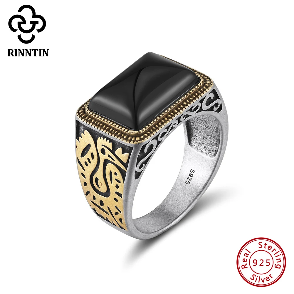 Rinntin moda 925 prata esterlina preto ágata pedra anéis para homens de alta qualidade anel ágata casamento noivado jóias nmr16 - Image 2