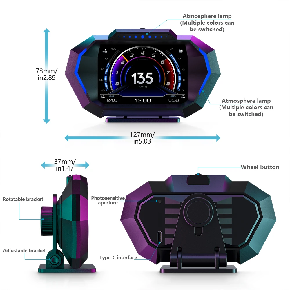 AD Digital Car LCD HUD GPS OBD2 Head Up Display Slope Meter Speed Alarm KM/H MPH Speedometer Tachometer Water Temp Boost Gauge - Image 3