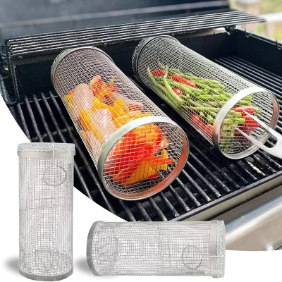 Cesta De Grelha De Cilindro De Malha De Aço Inoxidável, Rolando Grelhar Cesta De Churrasco, Ferramentas Portáteis Ao Ar Livre De Acampamento Churrasco Rack