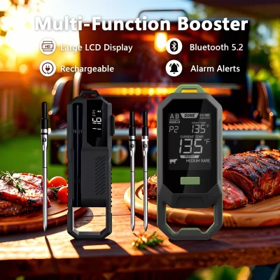 Termômetro de carne sem fio, sonda bluetooth, rastreamento de temperatura ambiente e alimentos em tempo real para cozinhar, churrasco, grelhar, fumante