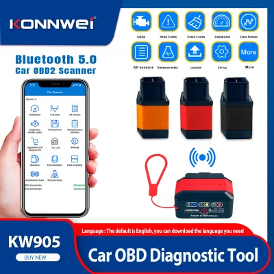 2026 konnwei kw905 elm327 obd2 scanner bluetooth 5.0 ferramenta de scanner de falhas do motor obdii leitor de código ferramenta de diagnóstico para android/ios
