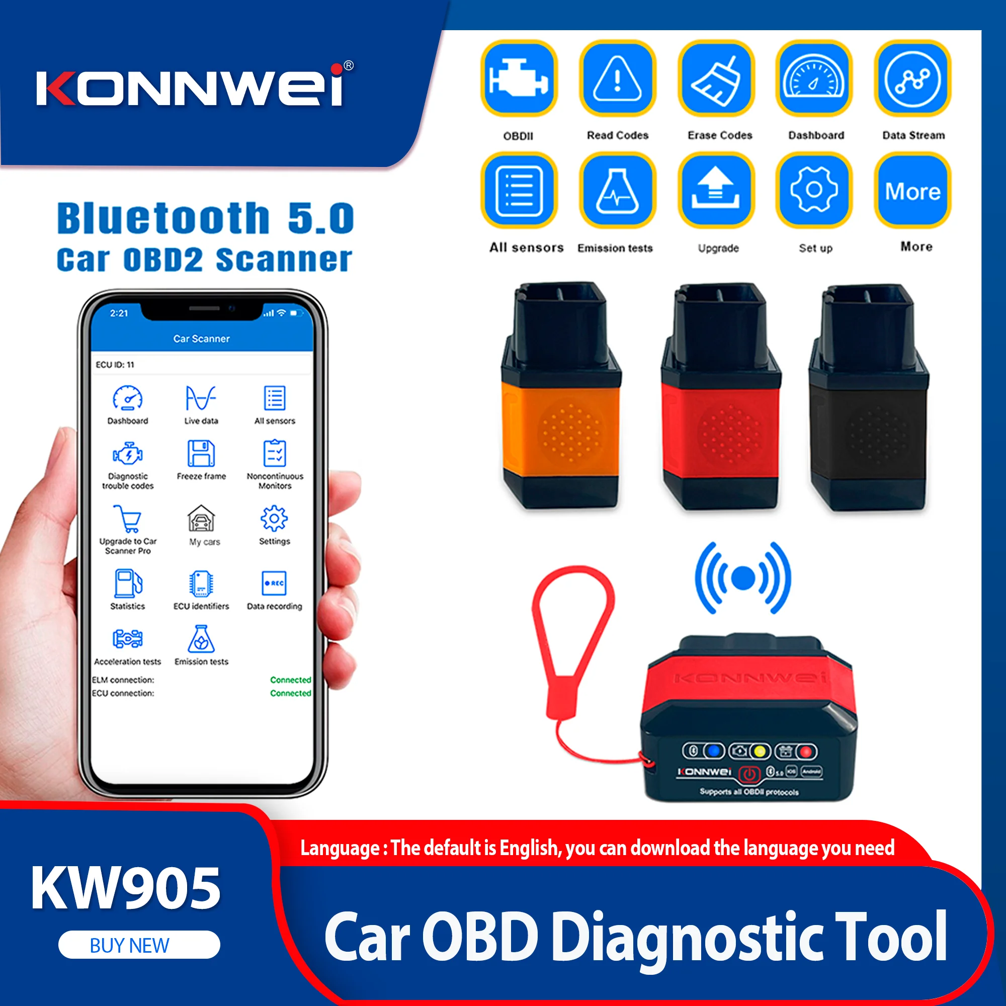2026 konnwei kw905 elm327 obd2 scanner bluetooth 5.0 ferramenta de scanner de falhas do motor obdii leitor de código ferramenta de diagnóstico para android/ios