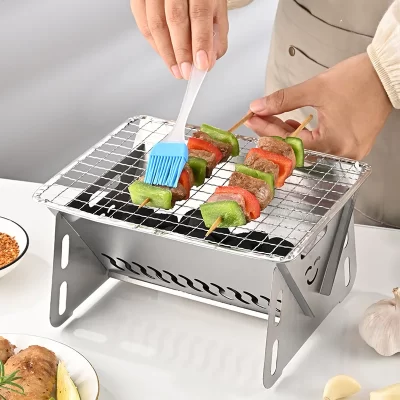 Fogão dobrável para churrasco ao ar livre, aço inoxidável, tipo cartão conveniente, fogão a lenha, mini rack de churrasco, fogão doméstico