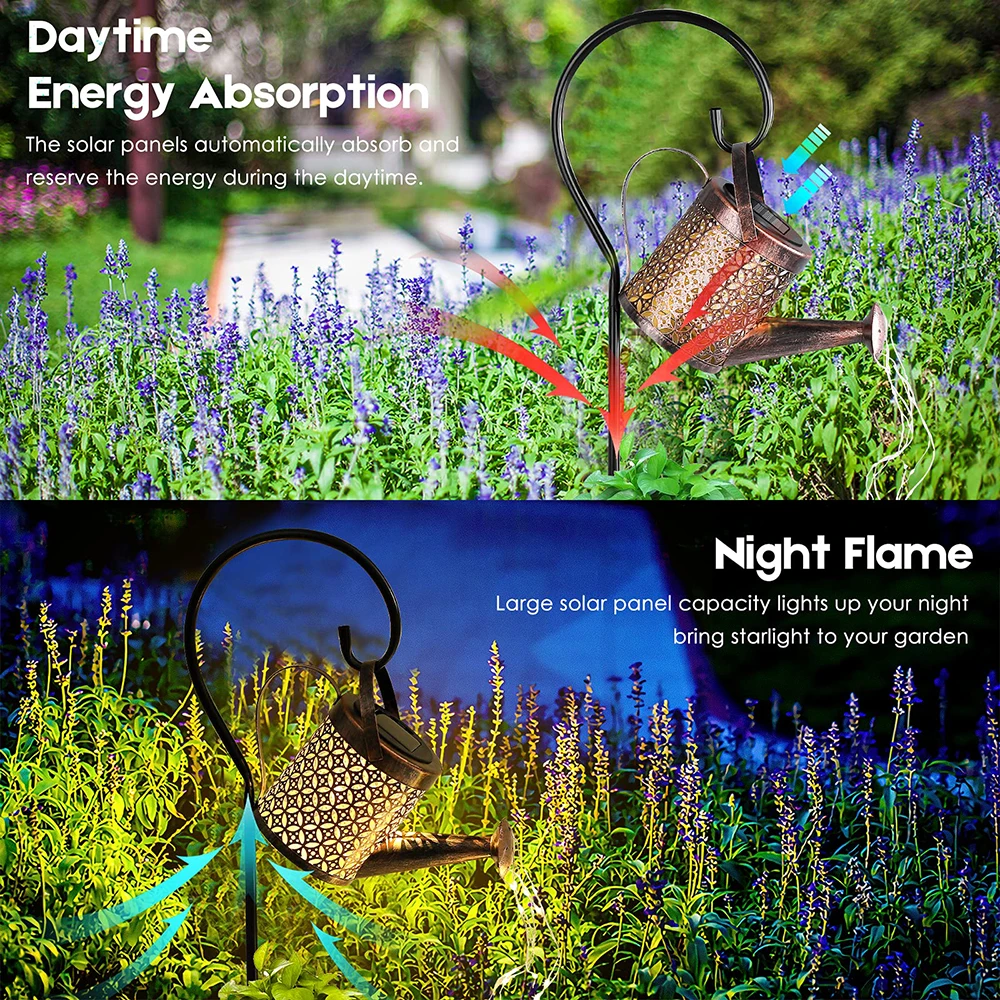 Solar Rega Pode Pendurar Luz, Chaleira Lanterna, Impermeável Jardim Decoração, Metal Retro Lâmpada, Mesa ao ar livre, Pátio Lawn Yard - Image 2