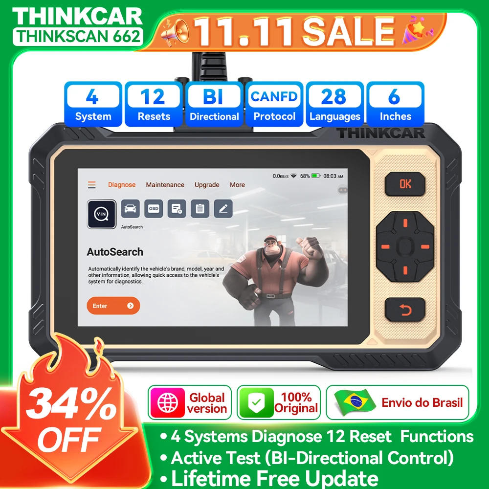 Thinkcar thinkkscan 662 4 sistema ferramenta de diagnóstico do carro scanner automático 12 reinicialização controle bidirecional pode leitor de código fd obd2
