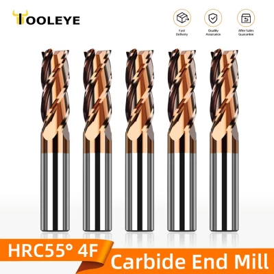 TOOLEYE HRC55 CNC Milling Cutter Carbide End Mill 4 Flutes Machine Cutter Tools For Metal 3 5 6 8 Shank Tungsten Steel endmills