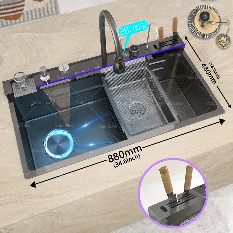 Pia de cozinha cascata de aço inoxidável, nova com rack de drenagem, display digital, grande slot único, pia de lavar louça, tigela - Image 6