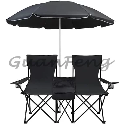 Simple double camping chair with umbrella, cup holder, refrigerated bag, mini table, each seat can support the beach chair