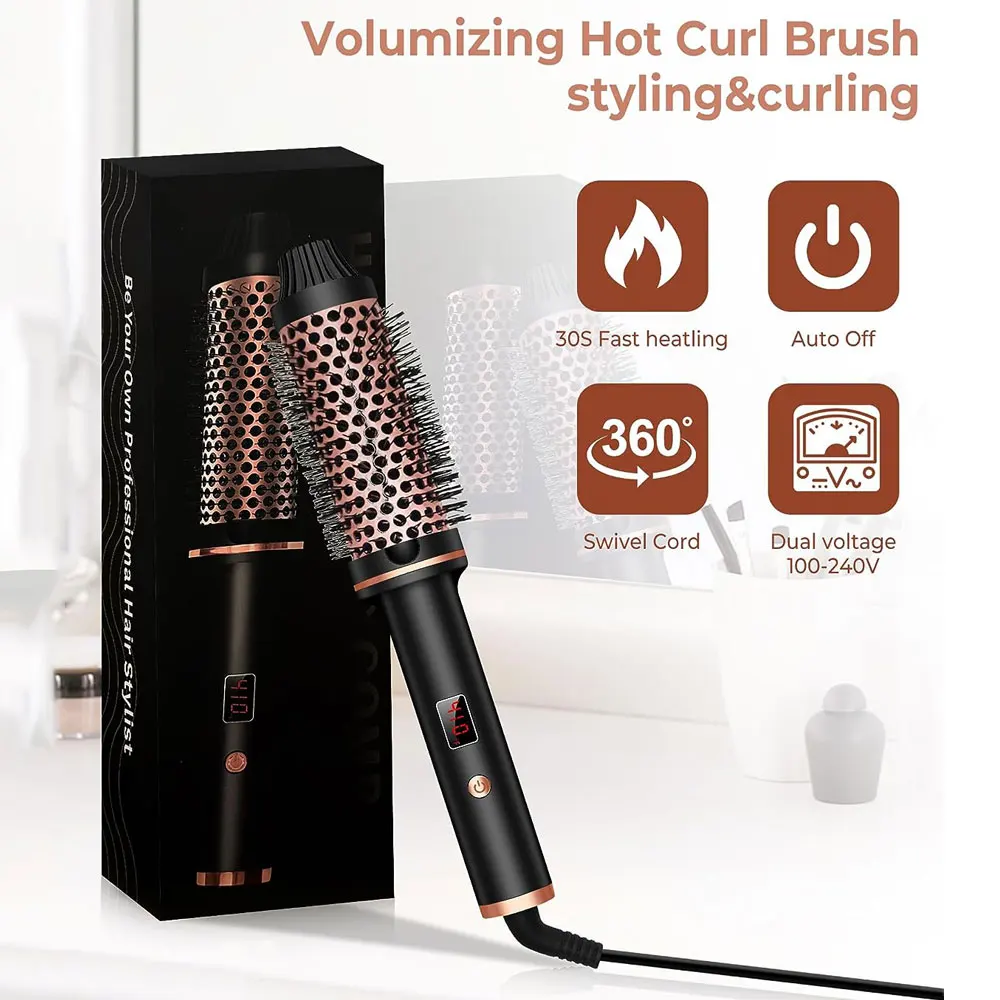 Escova térmica 1.5 Polegada escova de ondulação aquecida cerâmica curling ferro volumizing escova aquecimento escova redonda viagem modelador de cabelo pente - Image 2